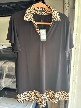 Adrianna Papell Black Tunic with Leopard-Print Collar & Hem